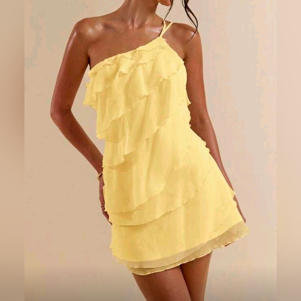 New Flirty Sheer Chiffon Layered Ruffle One Shoulder Mini Dress Yellow - Picture 4 of 9